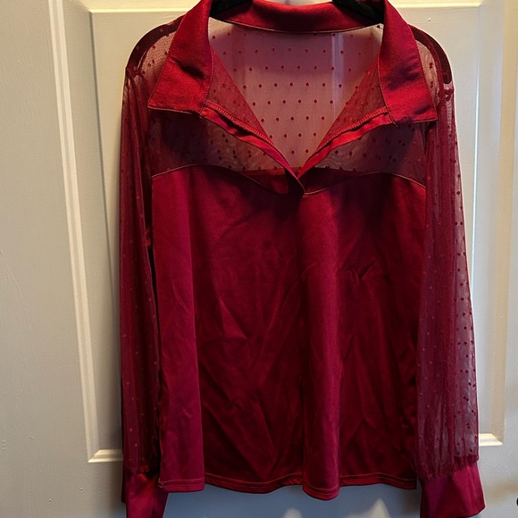 Tops - Sheer Yoke Long Sleeve Blouse in Wine Red